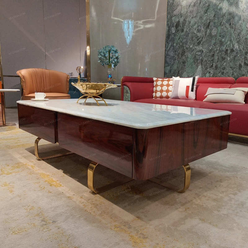 Marble-Top Coffee Table with High-Gloss Wood Veneer and Brushed Metal Base